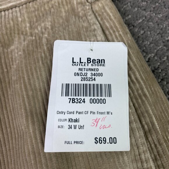 LL Bean Country Corduroy Pants Men's 34 x 34 Khaki Cotton Wide Wale Flat Front - Picture 7 of 14